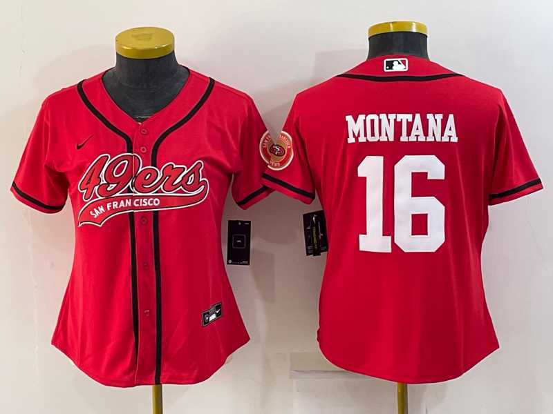 Womens San Francisco 49ers #16 Joe Montana Red With Patch Cool Base Stitched Baseball Jersey->women nfl jersey->Women Jersey